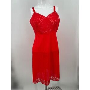 Vintage Komar Full Slip Coral Red Lace Lingerie Dress Size 36 Short Pinup Nylon